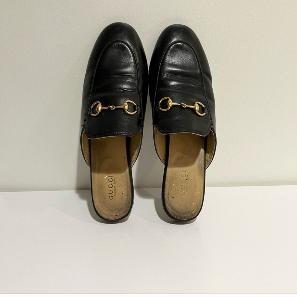 Gucci - Princetown Black and Gold Leather Loafers Mules Size 40 - Picture 2 of 8